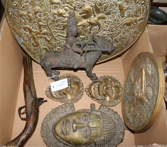 20th Century Benin bronze figure, brassware & pistol